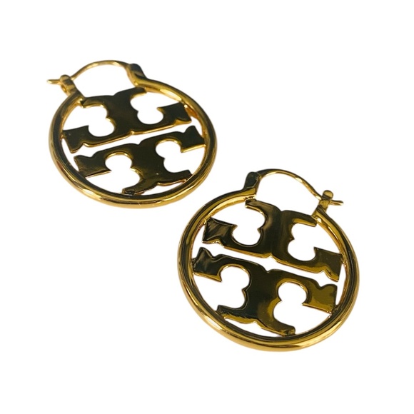 NEW Tory Burch Miller Polished Gold Logo Hoop Earrings - Picture 2 of 5